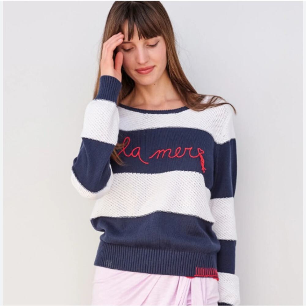 Anthropologie Sundry Navy White Stripe Embroidered La Mer Sweater Size M